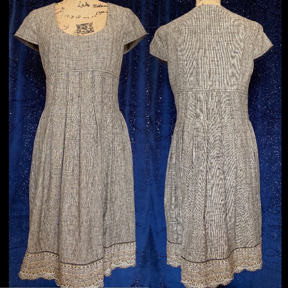 Badgley Mischka Tweed Dress Pleated Bodice Bead Embellished Scalloped Hem Brown